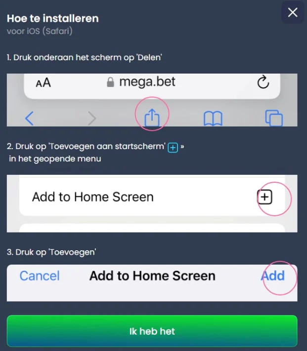 Megabet app installeren op iOS en Android
